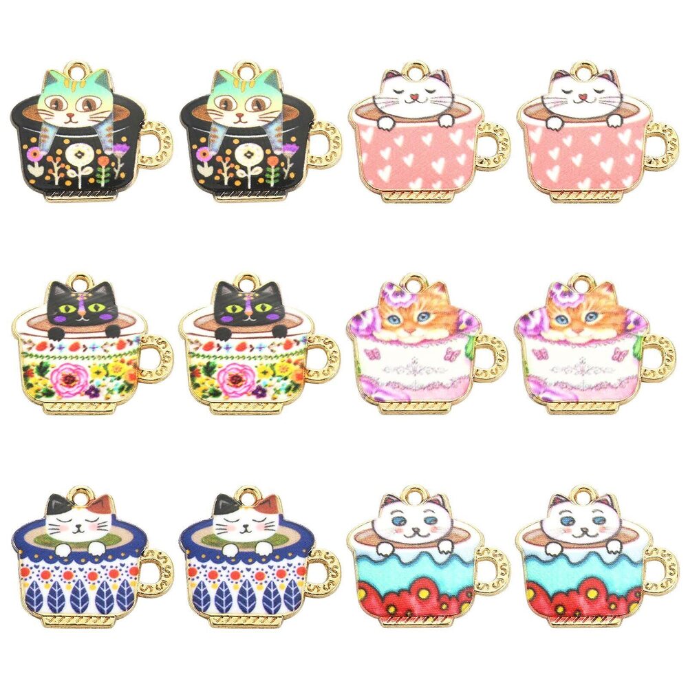 2444 30 Pcs 6 Styles Charms Coffee Black Tea Mug Cup Kitten Pet Cat Charms